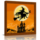 Halloween witch castle pumpkin bat moon black cat orange Canvas painting - LeobonZone