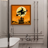 Halloween witch castle pumpkin bat moon black cat orange Canvas painting - LeobonZone