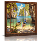 Windows glass fishing boats mountains beach Canvas painting - LeobonZone